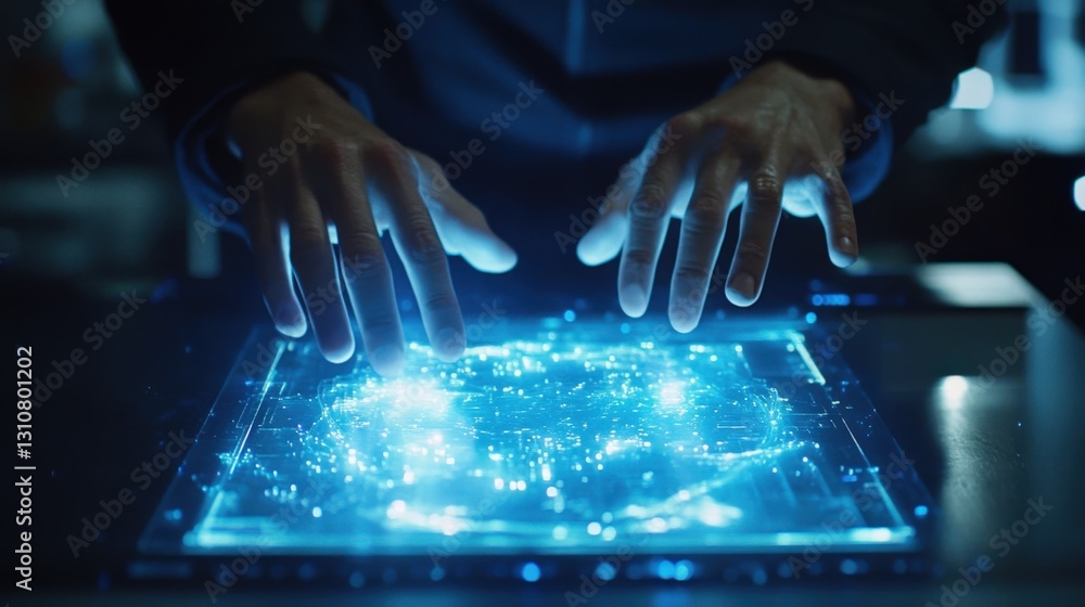 Poster software engineer engaging with a cutting edge holographic interface, skillfully manipulating data t
