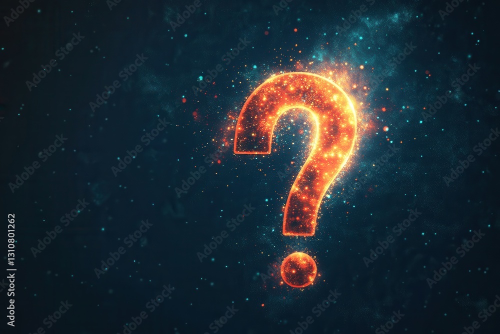 Poster modern minimalist question mark icon with glowing light bursts in flat style on dark background