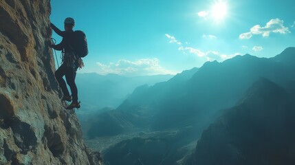 Man climbing a steep rock face with rope, silhouette set against a vast mountain horizon at sunset