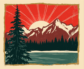 Fototapeta premium Retro mountain vista with pine tree, lake, and sunrise