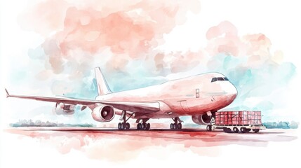 Fototapeta premium A colorful illustration of a cargo airplane parked, loading goods in a vibrant, artistic style against a soft, cloudy background.