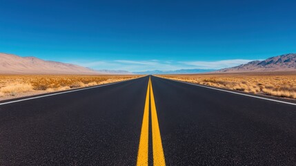 Naklejka premium A straight, empty road stretches into the horizon, framed by clear blue skies and arid landscapes on either side.