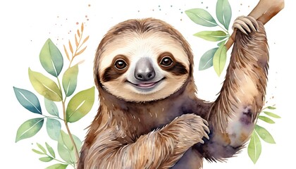 Fototapeta premium Adorable Sloth Hanging on Branch Watercolor Illustration
