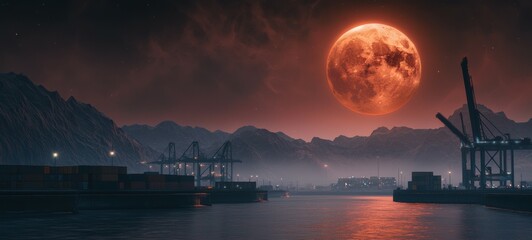 futuristic interplanetary trade port under glowing red moon, with cranes and containers