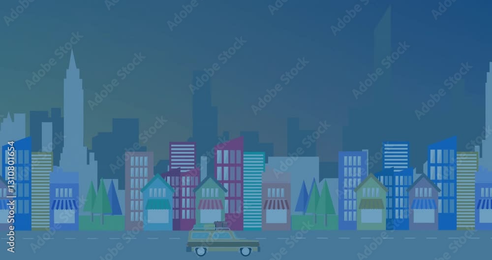 Poster creating abstract urban scene, colorful cityscape with geometric patterns and reflections