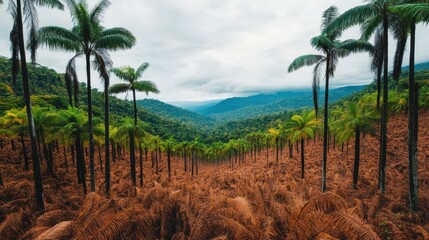 Fototapeta premium Lush palm trees rise above a vibrant, green valley, framed by misty mountains under a cloudy sky, creating a serene and tropical landscape.