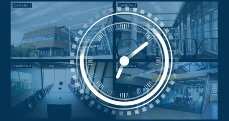 Clock animation over security camera feeds showing various office interiors - Powered by Adobe