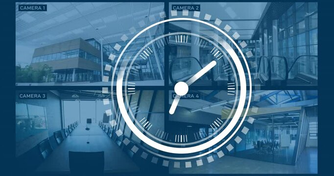 Clock animation over security camera feeds showing various office interiors