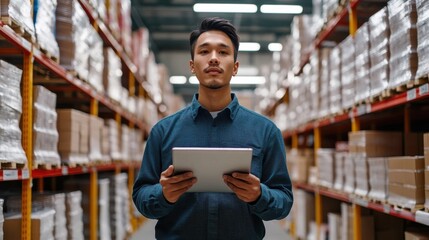 A man stands in a warehouse aisle, holding a clipboard, surrounded by neatly stacked boxes and shelves filled with inventory.