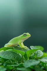 Fototapeta premium vibrant green tree frog perched on lush green leaves, with soft blurred background