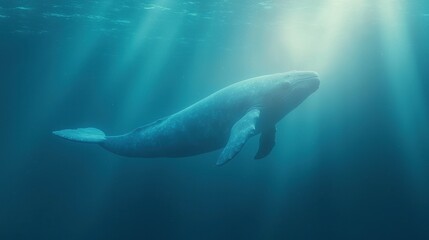 Fototapeta premium majestic blue whale swimming gracefully in deep ocean, illuminated by sunlight rays