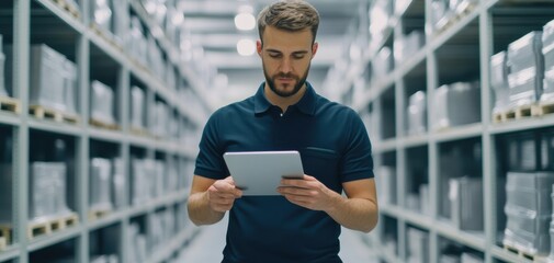 A man in a warehouse is using a tablet to manage inventory amidst shelves filled with storage boxes.