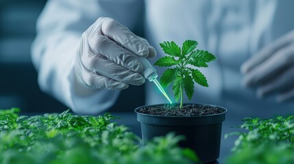 scientist in laboratory injects glowing green substance into potted plant for research
