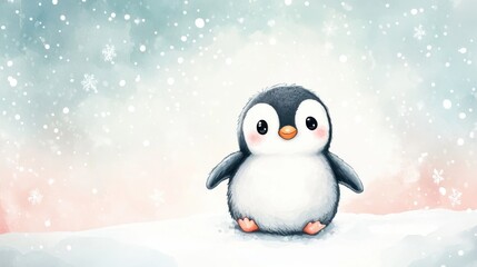 Obraz premium A cute, cartoon penguin stands in a snowy landscape, surrounded by a soft blur of colors, evoking a whimsical winter atmosphere.