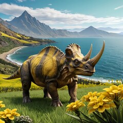Fototapeta premium Prehistoric Beast in a Yellow Flower Field by the Ocean