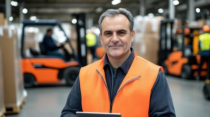 A confident warehouse worker in an orange vest, holding a tablet, stands amidst forklifts and stacked boxes in a busy industrial setting.