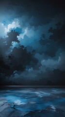 Obraz premium Dark atmospheric scene with a moody blue cloudy sky and textured stone floor, creating a dramatic and mysterious ambiance perfect for backgrounds, fantasy settings, or conceptual art