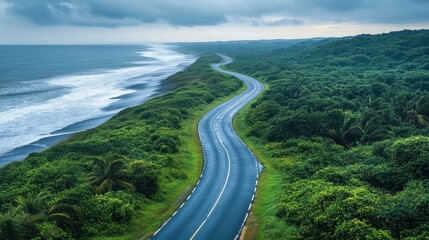Coastal road winding through lush green foliage beside a dramatic ocean. Perfect for travel, adventure, and nature themes, evokes a sense of journey and freedom.