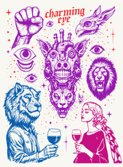 surreal and futuristic vector illustration with a mix of cyberpunk, gothic, and fantasy elements