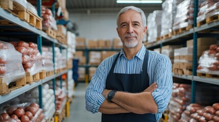 A confident older man in an apron stands in a warehouse filled with neatly stacked boxes, showcasing his experience in the food distribution industry.