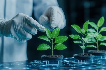 Scientist examining young plants in pots with futuristic digital interface