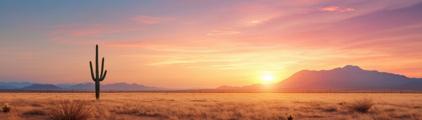 dramatic sunset over desert landscape with lone cactus and fiery red and orange hues
