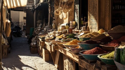 A sunlit marketplace stall displays a variety of colorful spices