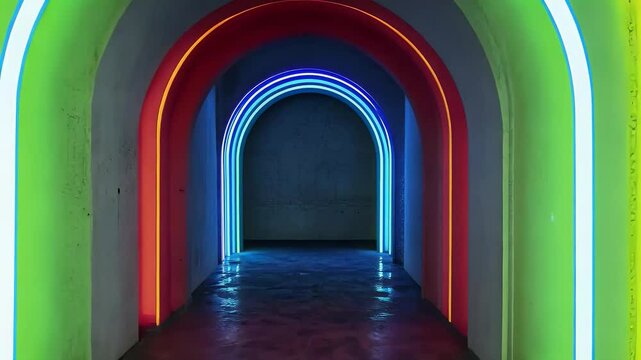 Colorful illuminated arches create a vibrant and modern atmosphere in a stylish corridor.