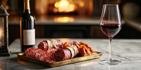 Gourmet aged cured meat or charcuterie board with wine in a cozy setting.