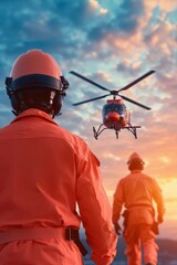 Rescue team members in orange uniforms watching helicopter during sunset emergency operation
