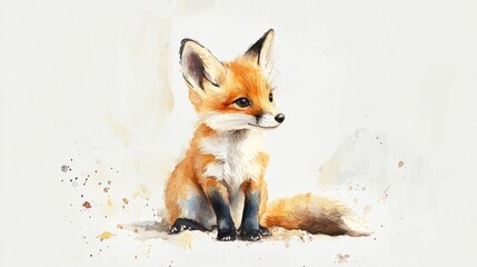 Fototapeta premium A Cute Watercolor Painting Depicting A Small Sitting Fox