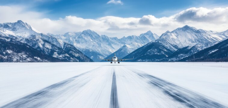 A serene landscape featuring a snow-covered runway with a plane, framed by majestic mountains under a clear blue sky.