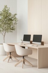 Minimalist workspace with dual computer setup, beige chairs, wooden desk, and indoor plant