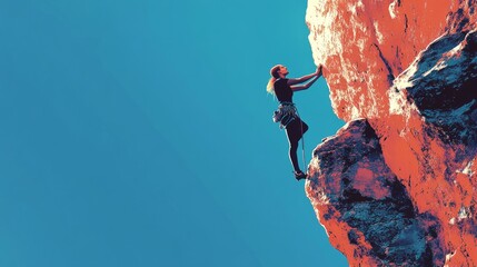 Woman on an overhang, lead climbing with rope, silhouetted against a beautiful mountain landscape