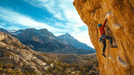 Woman on an overhang, lead climbing with rope, silhouetted against a beautiful mountain landscape