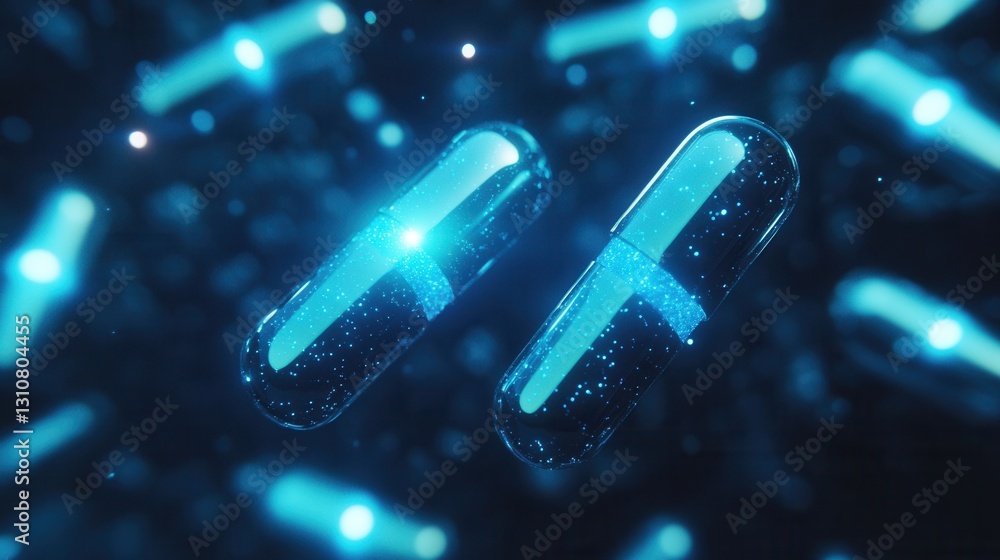 Poster Glowing capsules emit soft blue light in a dark environment, creating a captivating abstract medical design with a futuristic aesthetic