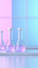 Laboratory flasks with pink liquid on reflective surface under soft blue and pink lighting