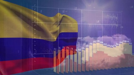 Waving Colombian flag with animation over financial charts and cloudy sky background - Powered by Adobe