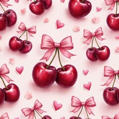 Sweet seamless pattern with red cherries and pink bows. Cute hearts and flower petals create love, romantic theme. Repeatable fruit background for Valentine day, wallpapers, prints, fabrics.