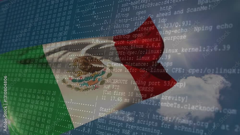 Poster Mexican flag waving over digital code and network data processing animation
