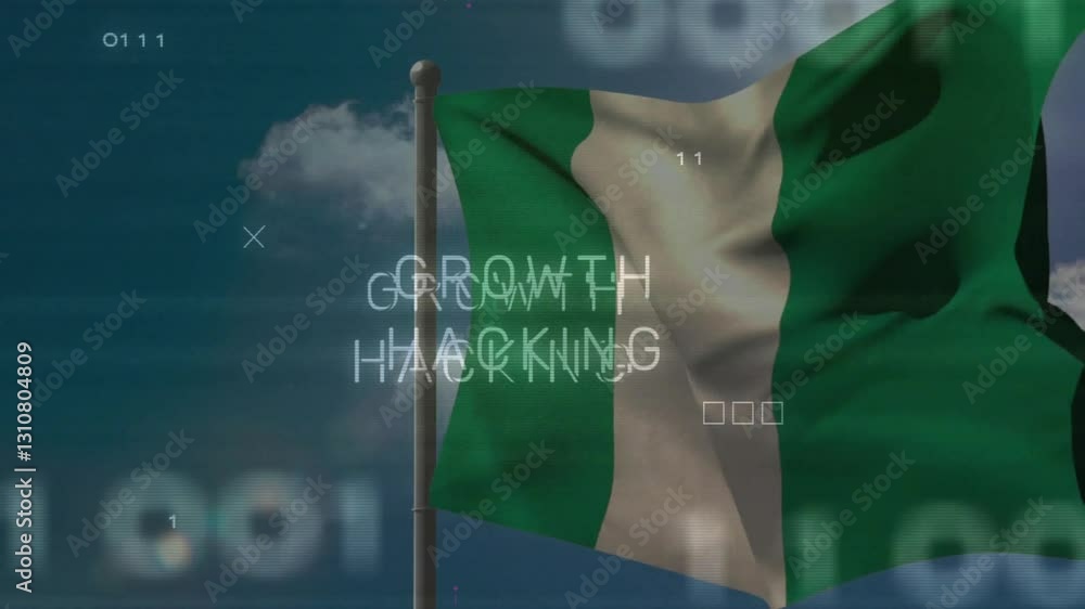 Poster waving nigerian flag with animation of growth hacking text and digital elements