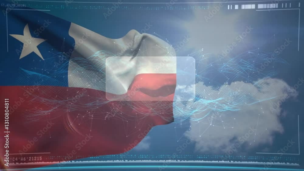 Poster chilean flag waving with digital data processing animation over cloudy sky