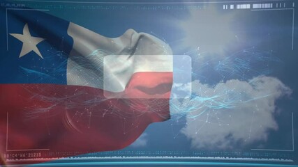 Chilean flag waving with digital data processing animation over cloudy sky - Powered by Adobe