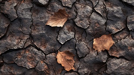 Fototapeta premium A close-up of dried leaves on cracked earth, highlighting nature's textures and decay.