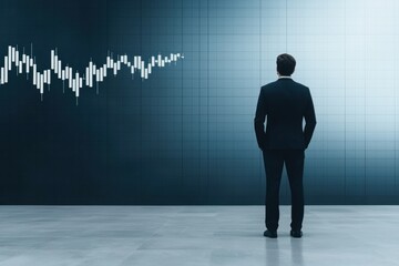 Fototapeta premium businessman in suit stands confidently in front of financial chart, analyzing market trends