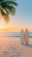 Two surfboards stand on serene white sand beach at sunset, framed by palm tree and calm ocean waves