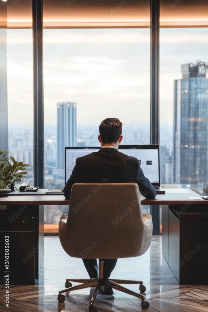 Poster a man in a suit is sitting at a desk in front of a computer monitor