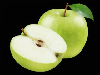Vibrant green apples, whole and halved, against a black background with visible seeds and shiny texture.