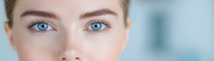 Obraz premium Close up of woman blue eyes with natural makeup and well groomed eyebrows