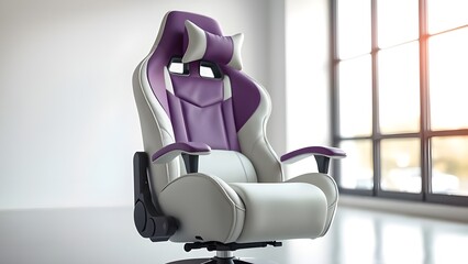 white and purple leather gaming chair in a room